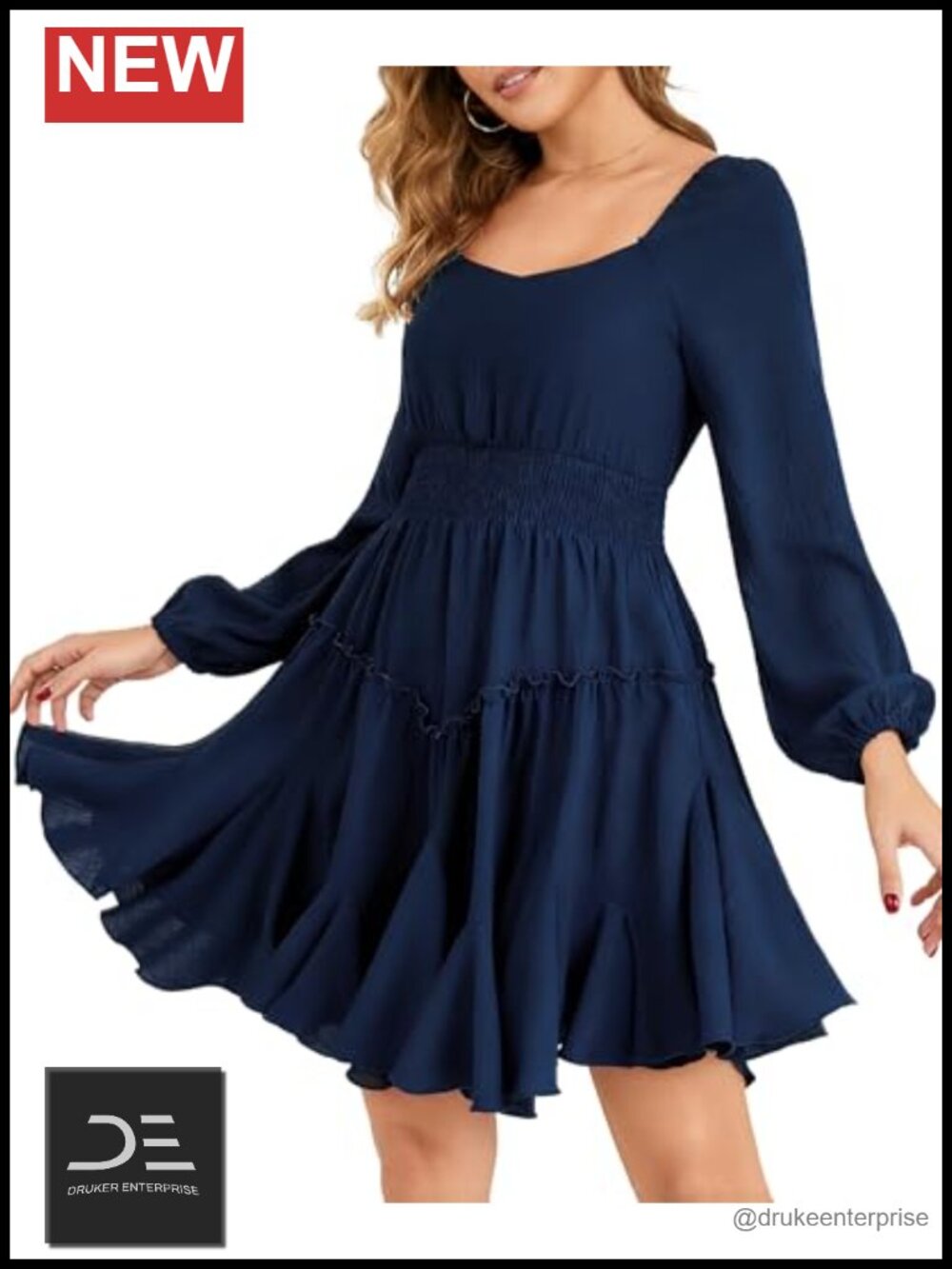 Women's Multi-Layered Hem Square Neck Long Sleeve A-Line Mini Dress